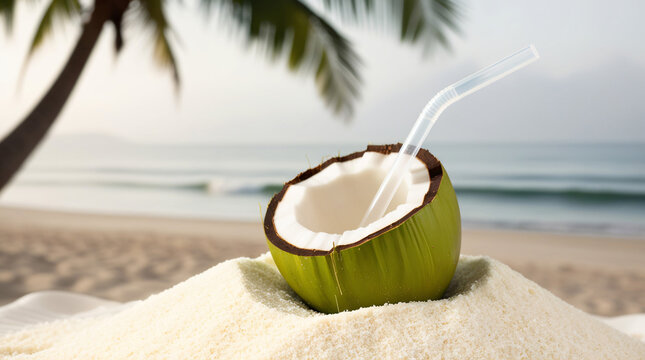 Buko Juice (Philippines): A freshly cut green coconut with a straw inserted, placed on fine white sand with waves and palm trees in the blurred background.
