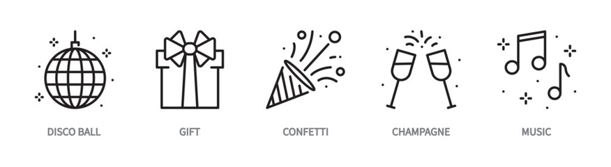 Celebration line icon set. Disco ball, gift, confetti, champagne, music sign. New Year, Birthday, Christmas concept. Vector illustration. Editable stroke. Flat design. Isolated on a white background. 