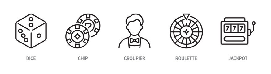 Casino line icon set. Dice, chip, croupier, roulette, jackpot, gambling game sign. Vector illustration. Editable stroke. Flat design. Isolated on a white background.