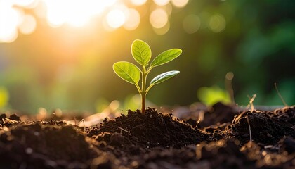 Young sprout emerging from fertile soil bathed in golden sunlight