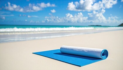 Rolled yoga mat on a sunny beach