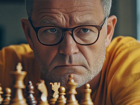Man in yellow shirt with glasses, lost in thought while looking at chess pieces on a chessboard.