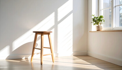 Wooden Stool in Bright Room with Sunlight and Plant