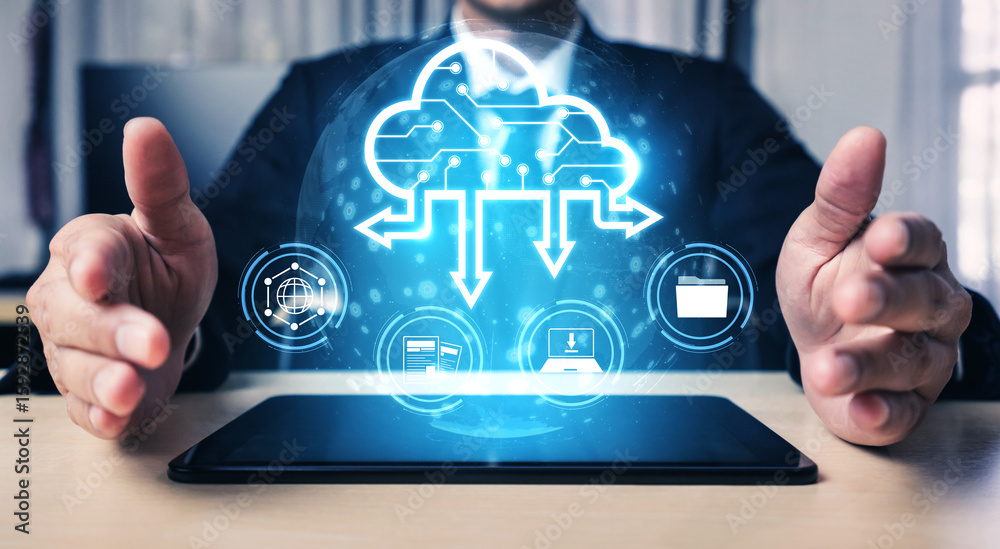 Poster cloud computing enables digital growth with secure data storage, scalable infrastructure, and strate