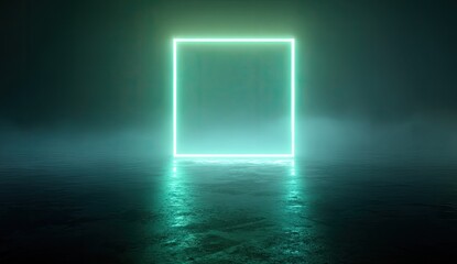 Neon square portal in a misty environment