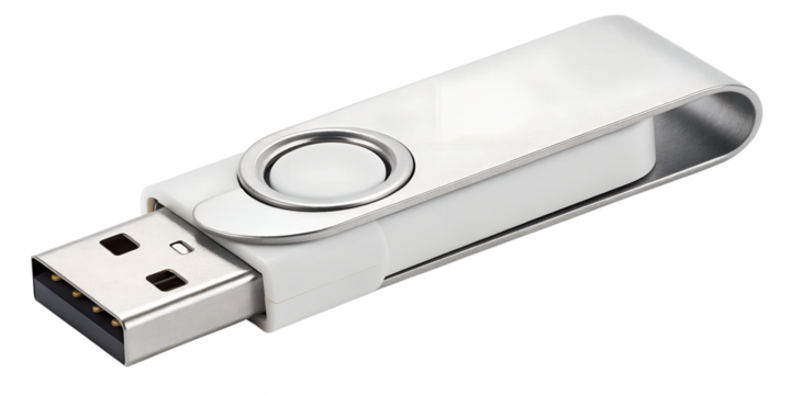 USB flash drive isolated on white background with silver and black design for digital data storage and computer connection