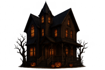 Spooky haunted house with glowing windows and pumpkins illuminating the night on transparent background