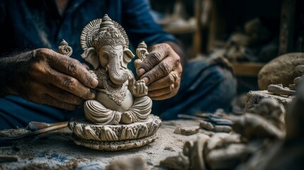 Artisan sculpting ganesh statue with intricate details in clay workshop