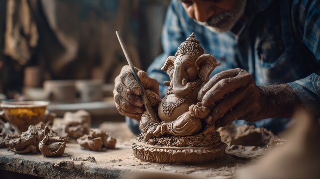 Mature asian male sculptor crafting detailed clay ganesha statue in workshop
