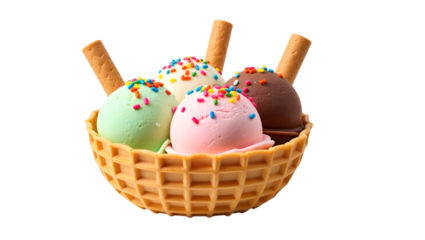 A waffle bowl filled with four colorful scoops of ice cream and wafer sticks isolated on transparent background