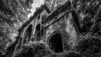 Fototapeta premium Ruined building in overgrown forest