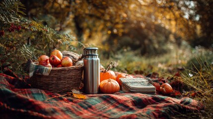 Autumn picnic scene with apples, pumpkins, and blanket in sunlit forest