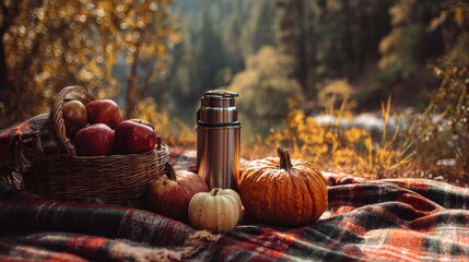 Autumn picnic scene with apples, pumpkins, and thermos on plaid blanket in forest