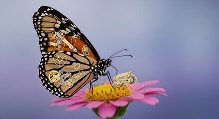 Fototapeta premium A unique monarch 'Clockwork Butterfly' with golden gears and mechanisms integrated into its vibrant wings, delicately perched on a pink flower, highlighting 'The Art of Observation'.