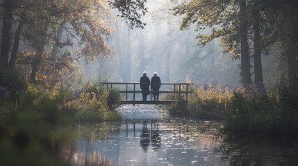 Elderly couple on bridge in serene forest setting during autumn morning
