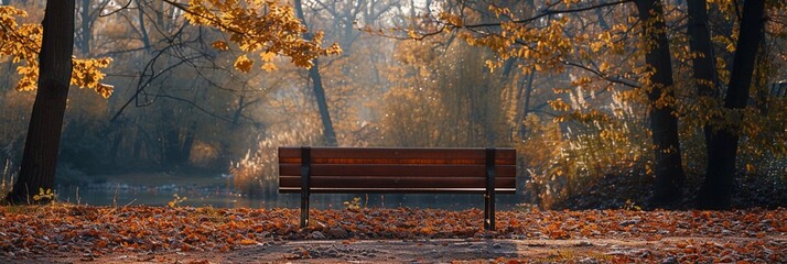 A rustic wooden bench stands peacefully by the water, surrounded by vibrant autumn foliage and reflecting the golden hues of the season. This serene lakeside setting invites relaxation and