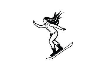 Fototapeta premium Female Snowboarder with Flowing Hair in Action on a White Background in Silhouette
