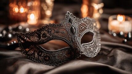 Elegant black lace masquerade mask amidst candlelit ambiance