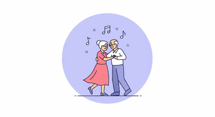 An elderly couple joyfully dances together, surrounded by musical notes, in a circle.