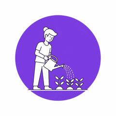 A person waters young plants with a watering can in a garden.