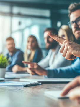 Group of people are sitting around a table with a man pointing at something