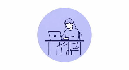 Fototapeta premium Illustration of a woman sitting at a desk using a laptop, depicted in a simple line art style within a purple circle.