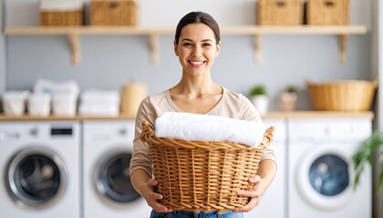 Woman holding laundry basket in a modern laundry room
