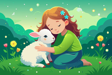 Obraz premium Girl and lamb hugging in a green meadow — pure joy and tenderness