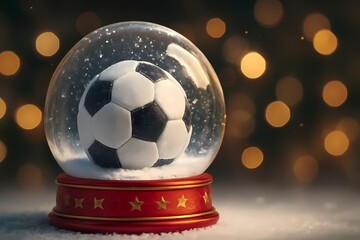 Christmas Snow Globe with Soccer Ball on Snowy Base, Gentle Snow Swirling Inside Glass Dome, Red and Gold Decorative Base with Christmas Patterns, Soft Holiday Bokeh Lights in Background