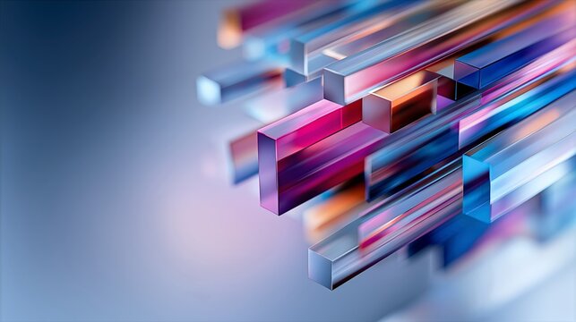 Vibrant rectangular glass bars forming geometric abstract pattern with light reflections and refractions, representing innovative design and technological concepts on soft focused background