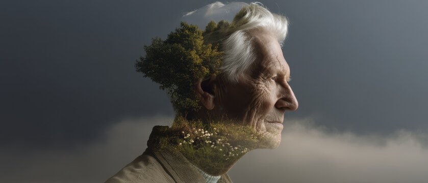 Contemplative elderly profile with changing seasons and nature elements