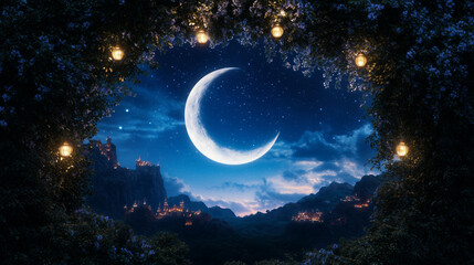 Aladdin background with moonlit palace balcony draped in jasmine vines and glowing lanterns