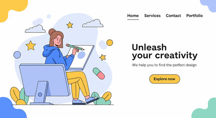 Adobe illustrator vector flat style landing page of a woman drawing on a digital tablet, symbolizing creativity and design