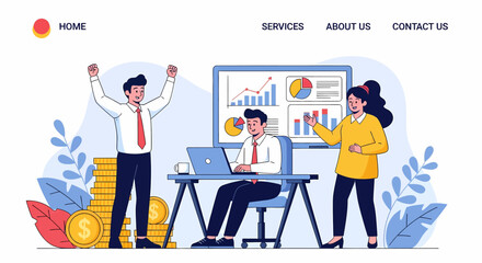 Adobe illustrator vector flat style illustration of landing page of business success with a triumphant team, growth charts, and money stacks