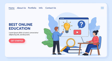 Adobe illustrator vector flat style illustration of landing page website of online education with students, laptop, and learning icons