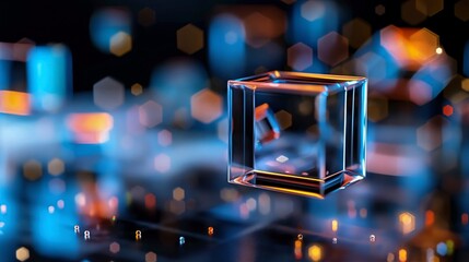 Glass cube levitating over sleek cityscape, prismatic hexagonal light patterns radiating technological elegance and futuristic design aesthetic