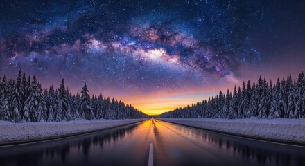 Road through snowy forest with galaxy sky photorealistic image