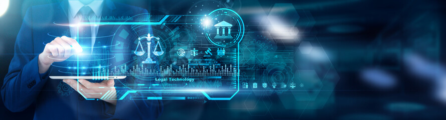 Legal Tech Specialist using tablet analyzing Legal Technology e-discovery pattern recognition and...