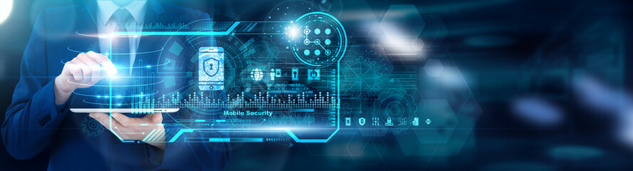 AppSec Engineer using tablet analyzing Mobile Security jailbreak detection rates and biometric...