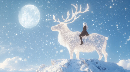 Graceful girl astride a majestic white reindeer in a snowy winter landscape
