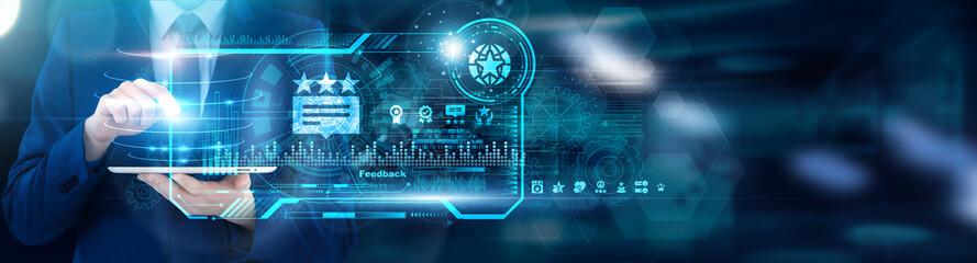 VoC Analyst using tablet analyzing Feedback sentiment trend clusters and feature request volumes,...