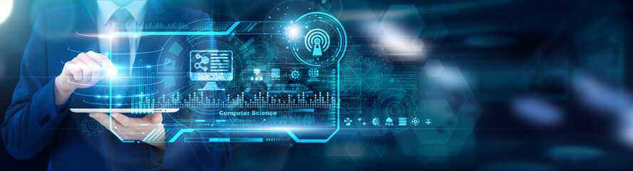 Algorithm Specialist using tablet analyzing Computer Science code efficiency benchmarks and runtime complexity data, educational pathway success dashboards.