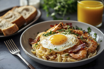 Fototapeta premium Pasta with Shrimp, Bacon and a Fried Egg