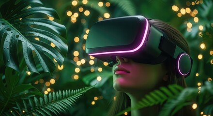 Woman wearing vr headset surrounded by tropical foliage vector illustration