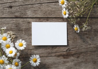 Obraz premium Blank card surrounded by daisies on weathered wood