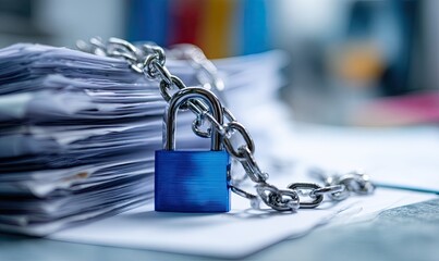 Stack of documents secured by a padlock and chain