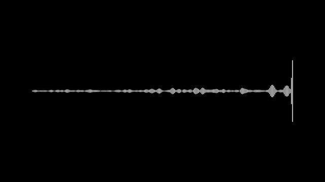 White audio spectrum waveform in 4K. Seamless sound visualizer loop on black background. Digital motion design for music videos, podcasts, and editing projects.