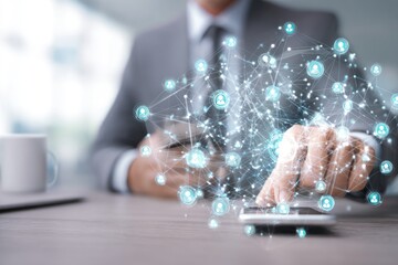 Businessperson interacts with a network of interconnected profiles on a smartphone
