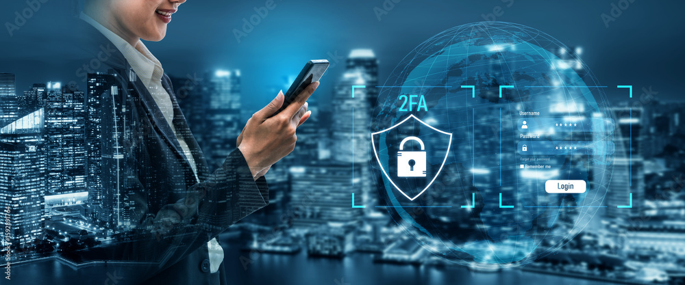 Poster two-factor authentication strengthens login system security. adds protection, two-factor authenticat