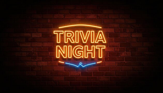 Neon sign trivia night on brick wall